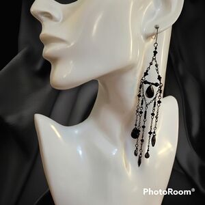 Vtg Gunmetal Black Witchy Gothic Beaded Extra Long Chandalier Earrings